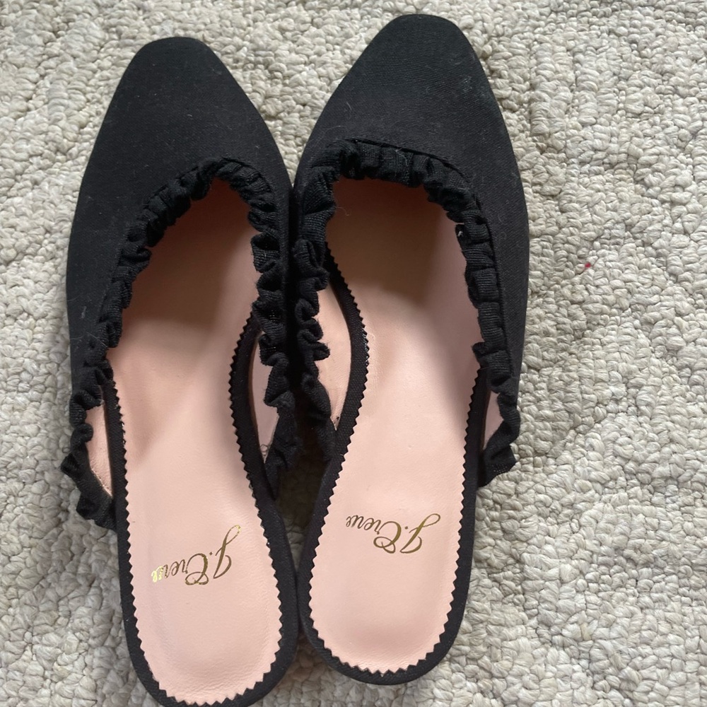J. Crew Black Ruffle Slingback Flats with Pink Insole